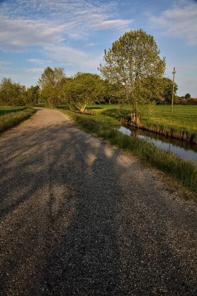 Straße Auf Dem Land Bei Sonnenuntergang Gesäumt Von Einem Wasserstrom — Stockfoto