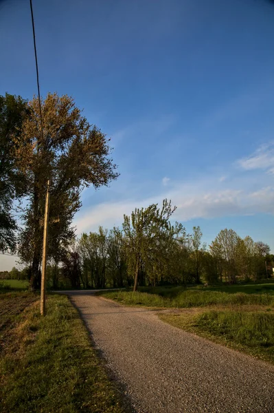 Estrada Campo Lado Campos Arados Pôr Sol — Fotografia de Stock