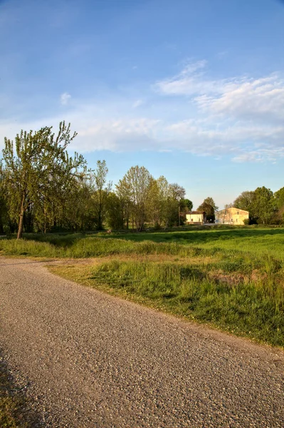 Straße Auf Dem Land Neben Gepflügten Feldern Bei Sonnenuntergang — Stockfoto