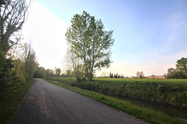 Vägen Landsbygden Vid Solnedgången Gränsar Till Flod Vatten — Stockfoto