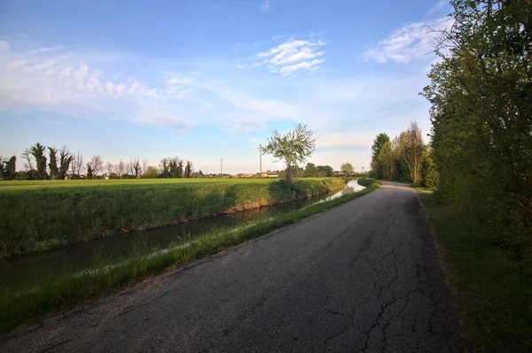 Straße Auf Dem Land Bei Sonnenuntergang Gesäumt Von Einem Wasserstrom — Stockfoto