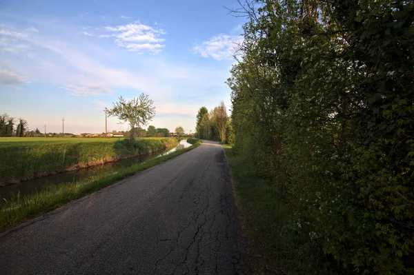 Strada Campagna Tramonto Costeggiata Torrente Acqua — Foto Stock