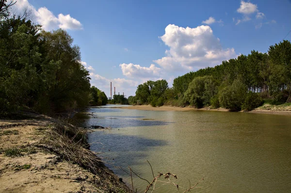 Ingresso Fiume Con Una Centrale Elettrica Lontananza Incorniciato Alberi Sulle — Foto Stock