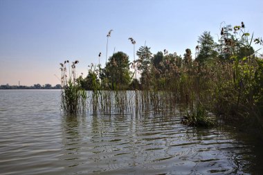 Üzerine uzanan bir nehrin kıyısı olan bir İtalyan kasabasına park et.