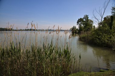 Üzerine uzanan bir nehrin kıyısı olan bir İtalyan kasabasına park et.