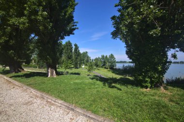 İlkbaharda bir İtalyan kasabasında halk parkında ağaçlarla çevrili bir yol.