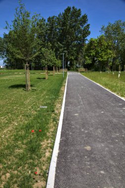 İlkbaharda İtalya kırsalında ağaçlarla çevrili bisiklet yolu