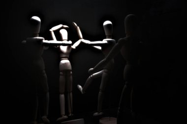 Duvara dayanmış umutsuzluğa kapılmış mankenler çiziyor.