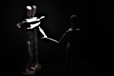 Biri öfkeyle işaret ederken, diğeri ise geri çekilirken küstahça davranan mankeni çizmek.