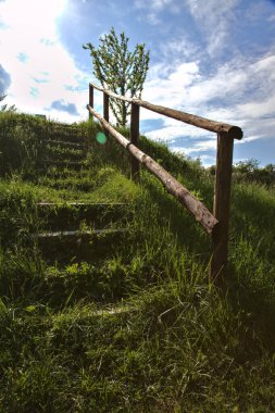 Tahta merdiven, güneş tarafından aydınlatılan bir toprak formasyonu tezgahında.