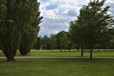 Baharda güneşli bir günde İtalya 'nın kırsal kesimindeki parkta açık alan