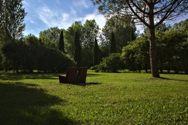 Panchine Sotto Pino Marino Parco Nella Campagna Italiana — Foto Stock