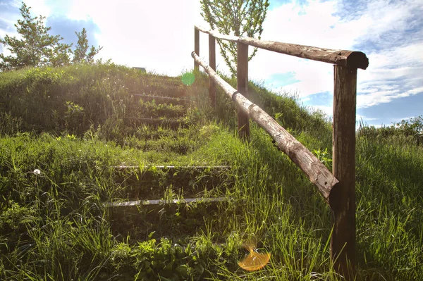 Tahta merdiven, güneş tarafından aydınlatılan bir toprak formasyonu tezgahında.