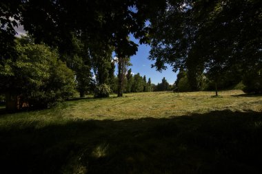 İlkbaharda İtalya kırsalında kesilmiş çimlerle çevrili küçük bir tarla.