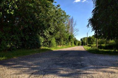 Gün batımında İtalya kırsalında ağaçlarla çevrili bir yol.
