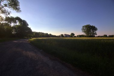 Gün batımında İtalya kırsalının gölgesinde bir tarla ile çevrili bir köy yolu.