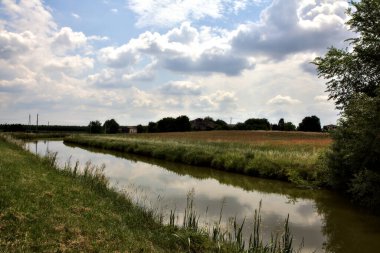 İtalya 'nın kırsal kesimlerinde bir yaz günü su deresinin yanındaki ekilmemiş tarla gelincikleriyle dolu.