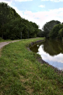 İtalyan kırsalındaki huş ağacının yanındaki su deresinin yanındaki bisiklet yolu.