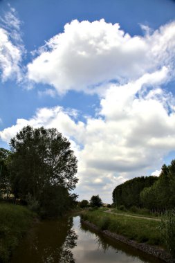 İtalyan kırsalındaki huş ağacının yanındaki su deresinin yanındaki bisiklet yolu.