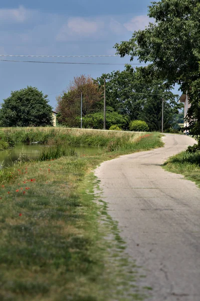 Pista Ciclabile Vicino Corso Acqua Nella Periferia Villaggio Nella Campagna — Foto Stock