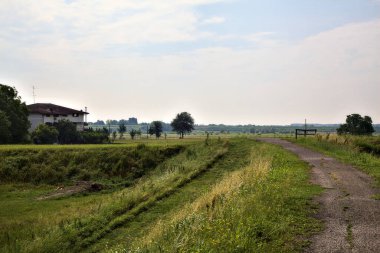 Yazın İtalya kırsalındaki tarlaların ortasındaki bir yamaçta bisiklet yolu.