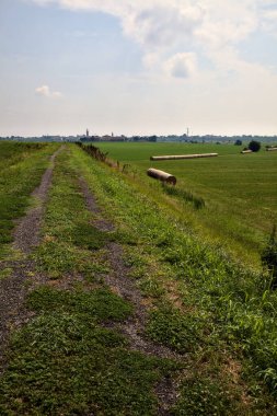 Yazın İtalya kırsalındaki tarlaların ortasındaki bir yamaçta bisiklet yolu.