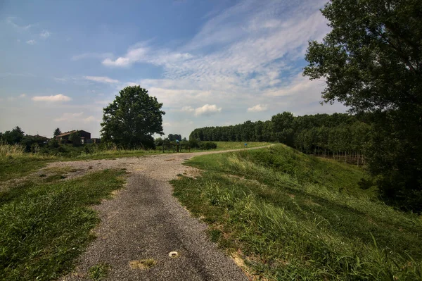 夏にイタリアの田舎の畑の真ん中の堤防の上の自転車道 — ストック写真