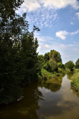 Yazın İtalya kırsalında bir korulukla çevrili su akıntısı.