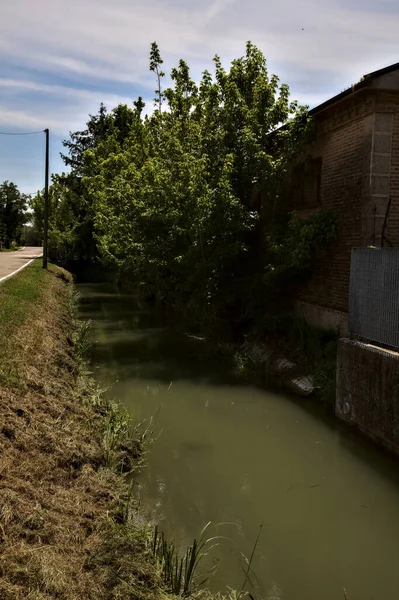 Silnice Ohraničená Potokem Vody Italském Venkově Létě — Stock fotografie