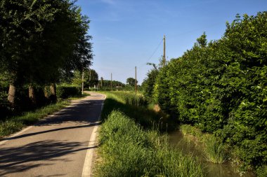 Yazın gün batımında kırsal kesimde bir grup kır evinin ortasında.