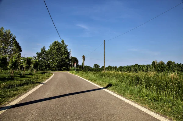 Garfo Uma Pequena Estrada Rural Delimitada Por Campos Pôr Sol — Fotografia de Stock