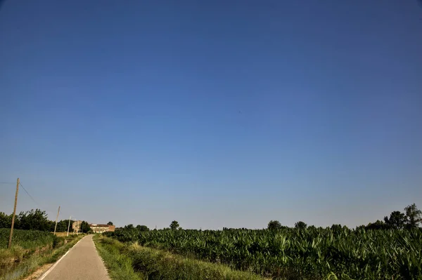 Estrada Rural Com Campos Uma Mansão Abandonada Final Verão Pôr — Fotografia de Stock