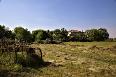 Terk edilmiş kır evi ağaçlarla çevrili ve yanındaki açık alanda bir harabe var.
