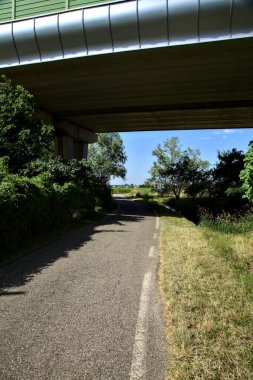 Gölgedeki yol yazın İtalya kırsalında bir viyadük 'ün altından geçiyor.