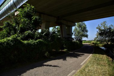 Gölgedeki yol yazın İtalya kırsalında bir viyadük 'ün altından geçiyor.
