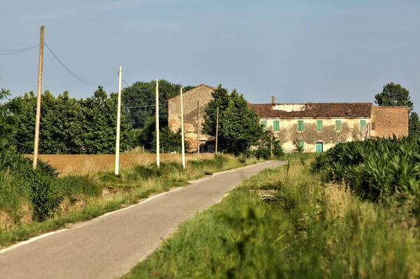 Tarlalı köy yolu ve yaz sonunda günbatımında terk edilmiş bir malikane.
