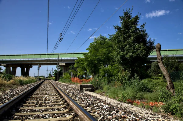 Σιδηροδρομικές Γραμμές Δίπλα Μια Γέφυρα Στην Ιταλική Ύπαιθρο Καλοκαίρι — Φωτογραφία Αρχείου