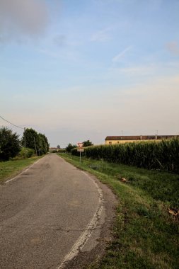 Yazın günbatımında İtalya kırsalında tarlalarla çevrili bir yol.