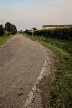 Yazın günbatımında İtalya kırsalında tarlalarla çevrili bir yol.