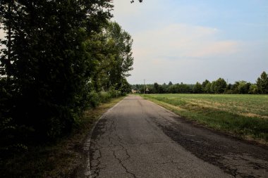 Yazın günbatımında İtalya kırsalında tarlalarla çevrili bir yol.