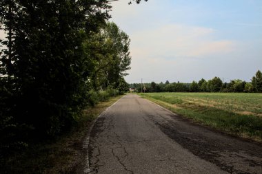 Yazın günbatımında İtalya kırsalında tarlalarla çevrili bir yol.
