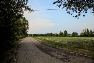 Yazın günbatımında İtalya kırsalında tarlalarla çevrili bir yol.