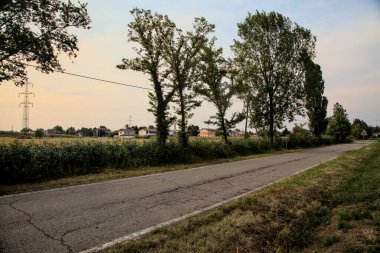 Yazın günbatımında İtalya kırsalında tarlalarla çevrili bir yol.