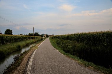 Yazın günbatımında İtalya kırsalında tarlalarla çevrili bir yol.