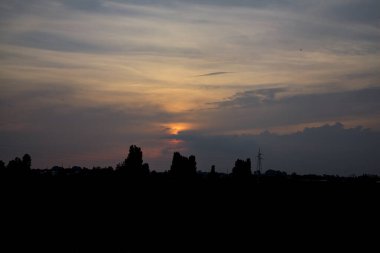 Gün batımında bulutlu bir gökyüzü Ağaçlarla çevrili
