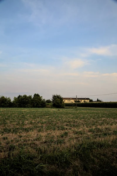 Gevaar Veld Met Een Landhuis Verte Bij Zonsondergang — Stockfoto