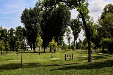 Yazın parkta bir nehrin yanında açık alan