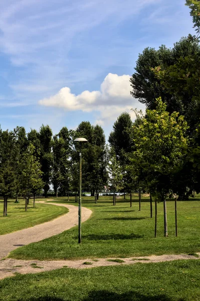 Fork between two paths in a park on a clear day in summer