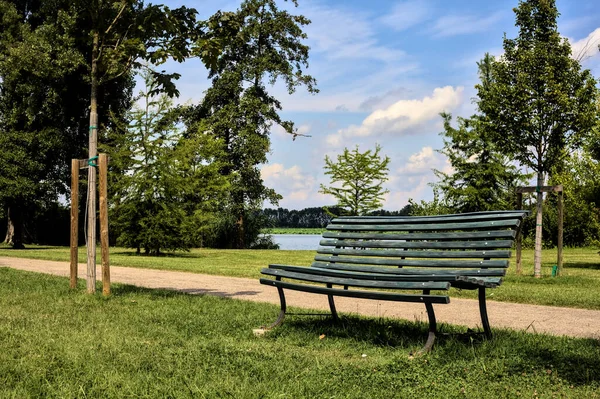 Bench Edge Path Park Next River Clear Day Summer — Stock Photo, Image