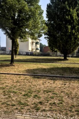 İtalyan kasabasının dış mahallelerinde ağaçlarla dolu bir yol.